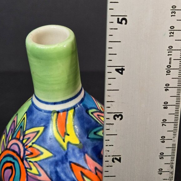 Hand-Painted Ceramic Bud Vase Green Tilted Neck Whimsical Colorful Floral Design - Picture 7 of 10